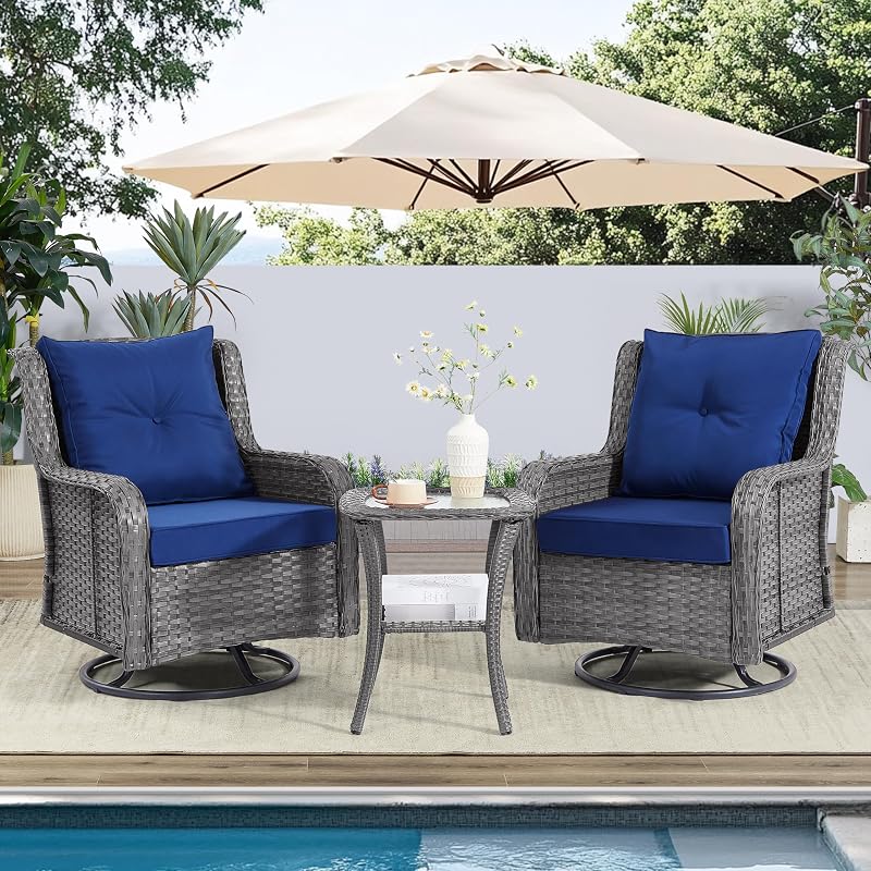 Wumiokio Patio Furniture Sets, 3 Pieces Wicker Outdoor Furniture - 360 Degree Swivel Rocking Chairs and Rattan Side Table for Garden,Porch,Backyard (Grey Wicker/Blue Cushion, 3PCS - Swivel Chairs) image 2
