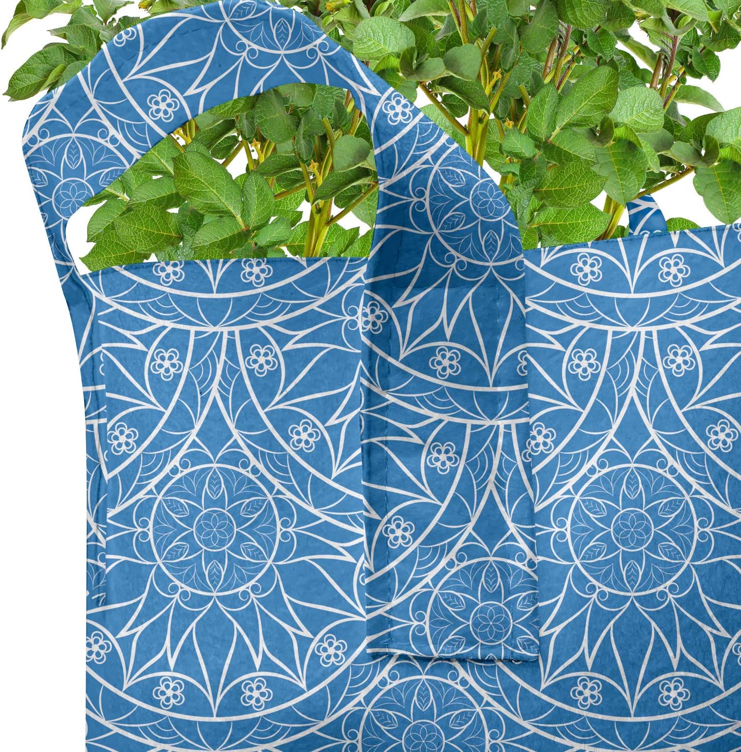 Ambesonne Blue Mandala Grow Bags 5-Pack, Monochrome Floral Art, Heavyduty Fabric Pots with Handles for Plants, Sea Blue White