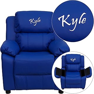 Flash Furniture Blue Vinyl BT-7985-KID-BLUE-TXTEMB-GG: Personalized Deluxe Padded Kids Recliner with Storage Arms