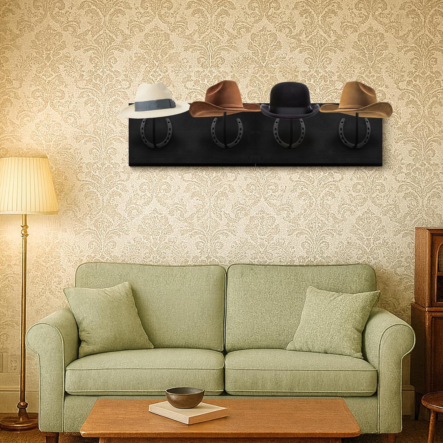 Montex Cowboy Hat Rack For Wall Mount, Wooden Cowboy Hat Holder 4 Hats, Hanging Western Hat Rack 2 Pack, Hat Organizer with Horseshoe Mounts Western, Black