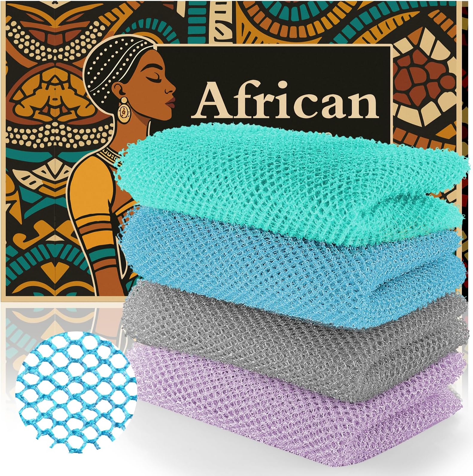 African Net Sponge (4-Pack) - Premium Exfoliating Body & Face Scrubber, Travel-Ready, Durable, Gentle Exfoliation Tool(Light Purple,Gray,Sky Blue,Green)