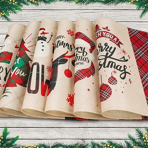 Miniatura 2 de NiHome Manteles individuales de lino con texto en inglés "Merry Christmas", paquete de 6 manteles individuales para mesa de comedor, varios patrones