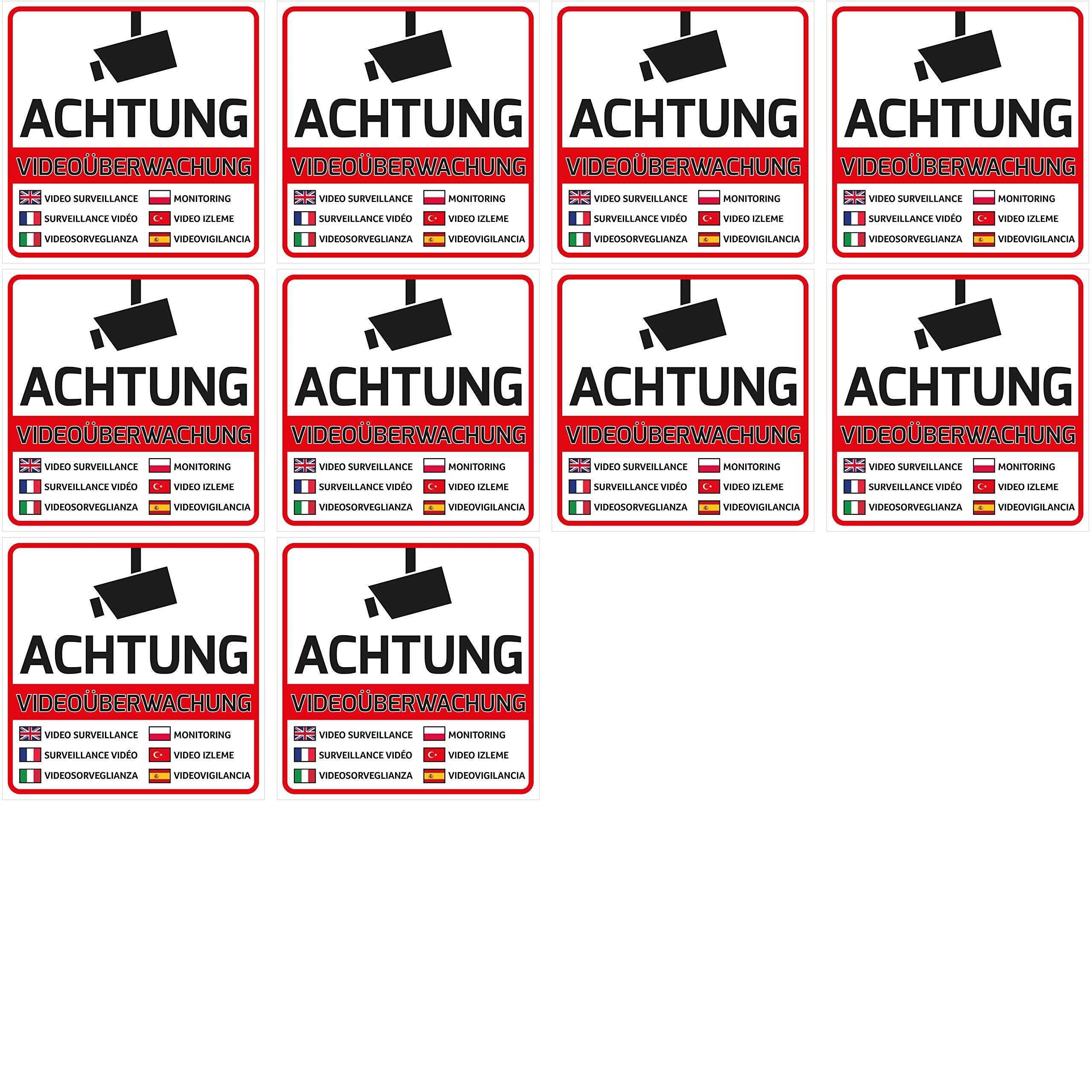 10 Videoüberwachung Aufkleber – Mehrsprachig, 105 X 105 Mm | Pink/magenta | Einfache Anbringung Auf Glatten Oberflächen