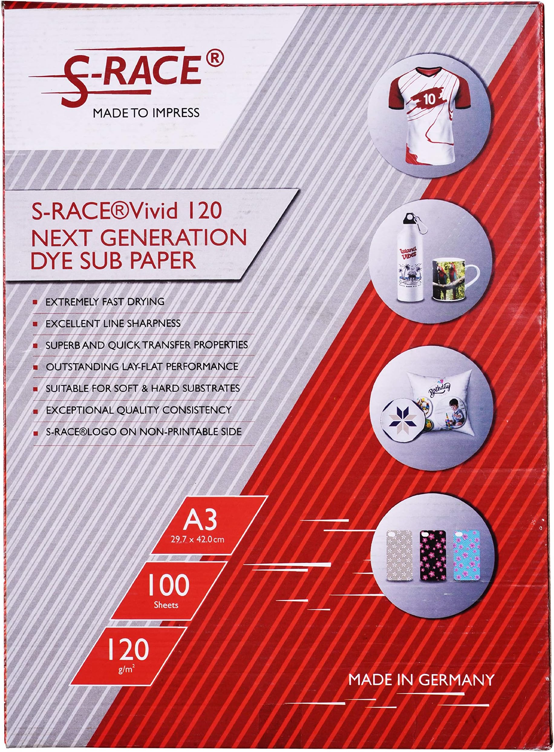 S-RACE: Vivid Dye Sublimation Paper 120 GSM (A3 size, 100 sheets, Pack of 1) Instant Dry, Heat Transfer Paper for Mug Printing, Mobile cases, Polyester clothes, T-shirts, Keychains & Other Ceramics