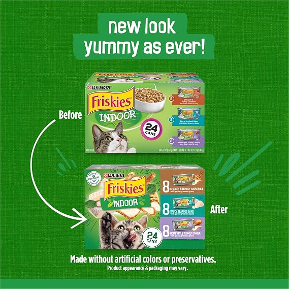 Purina Friskies Indoor Cat Food 24ct VP - (Chicken and Turkey Casserole, Saucy Seafood Bake, Homestyle Turkey Dinner) - (Pack of 24) 5.5 oz. Cans