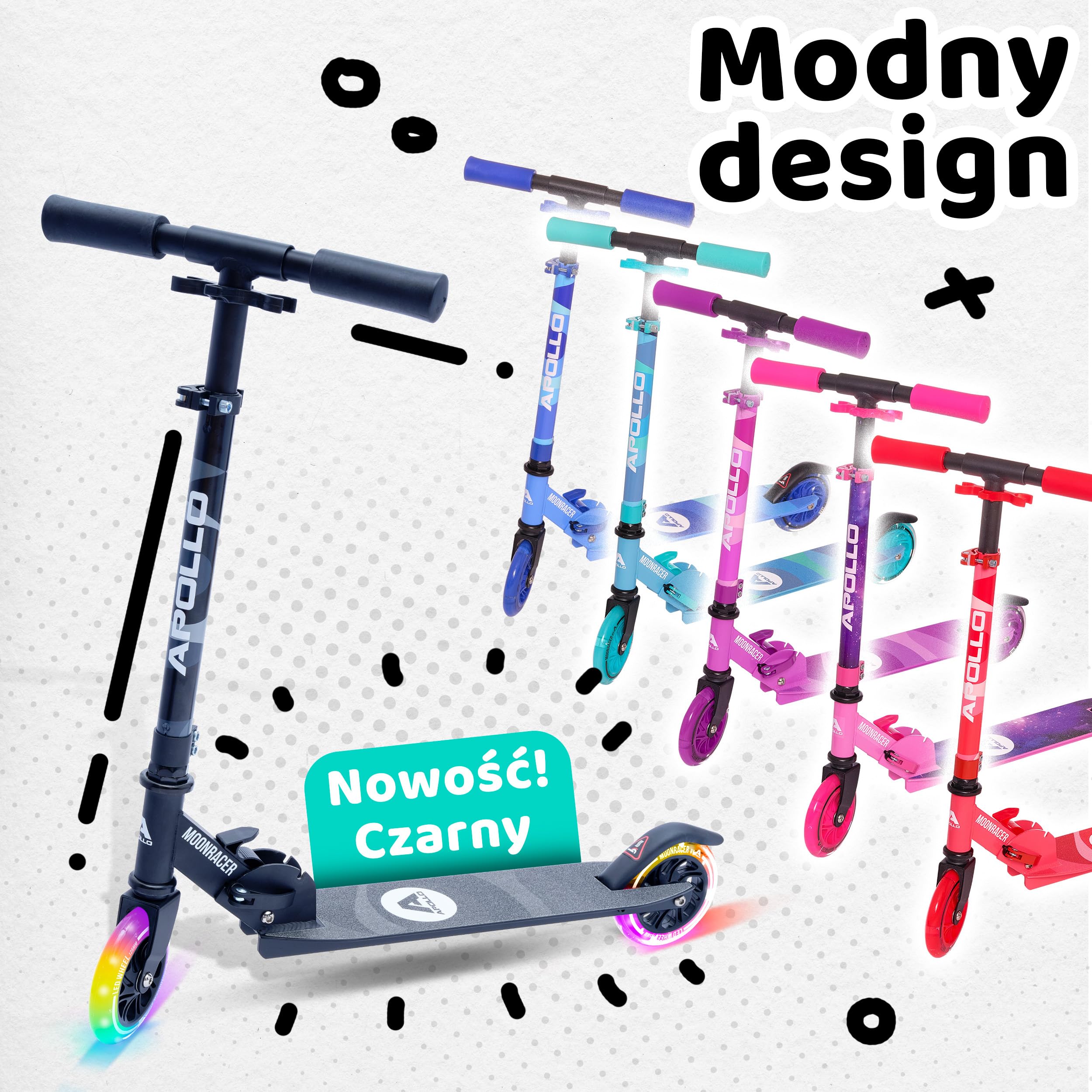 Apollo Hulajnoga dla Dzieci LED Moonracer, Składana Hulajnoga Dziecięca, Hulajnoga dla Dziewczynki i Chłopca, Hulajnoga dla 4 Latka, Hulajnoga Led Świecące Koła, Składana Hulajnoga