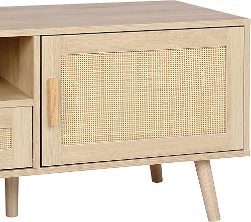 Miniatura 8 de Finnhomy Soporte de TV bohemio de 59 pulgadas para TV de hasta 70 pulgadas, consola de TV con 2 puertas decoradas de ratán hechas a mano, mesa de TV
