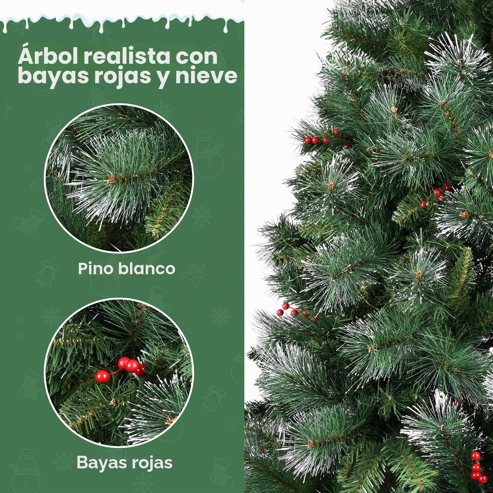YEAUPE PRO Árbol de Navidad Artificial de 165cm con Bayas Rojas y Efecto Nieve, Decorado, PVC, Montaje en 3 Partes, Base de Metal