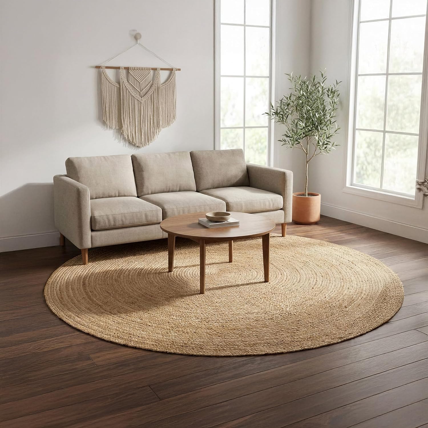 · REDEARTH · Round Area Rug - Hand Woven Braided 100% Natural Jute - Artisan Made Reversible Boho Jute Rugs for Bedroom - Kitchen - Living Room - Farmhouse - Aesthetic Home Decor (8' Feet - Natural)