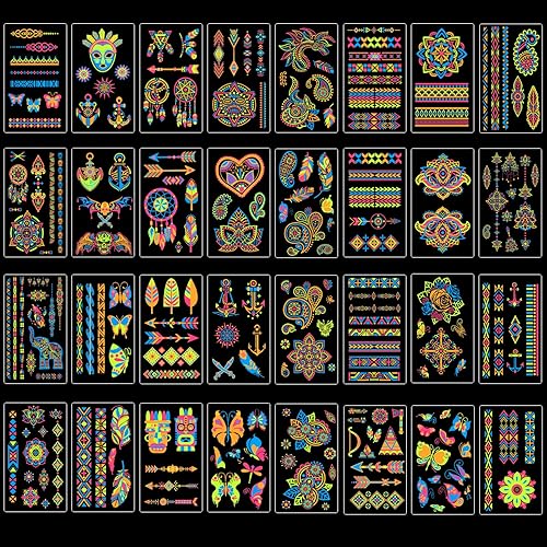 Miniatura 3 de 32 hojas de tatuajes temporales que brillan en la oscuridad, kit de tatuaje con purpurina, más de 180 estilos de fluorescencia UV neón falso