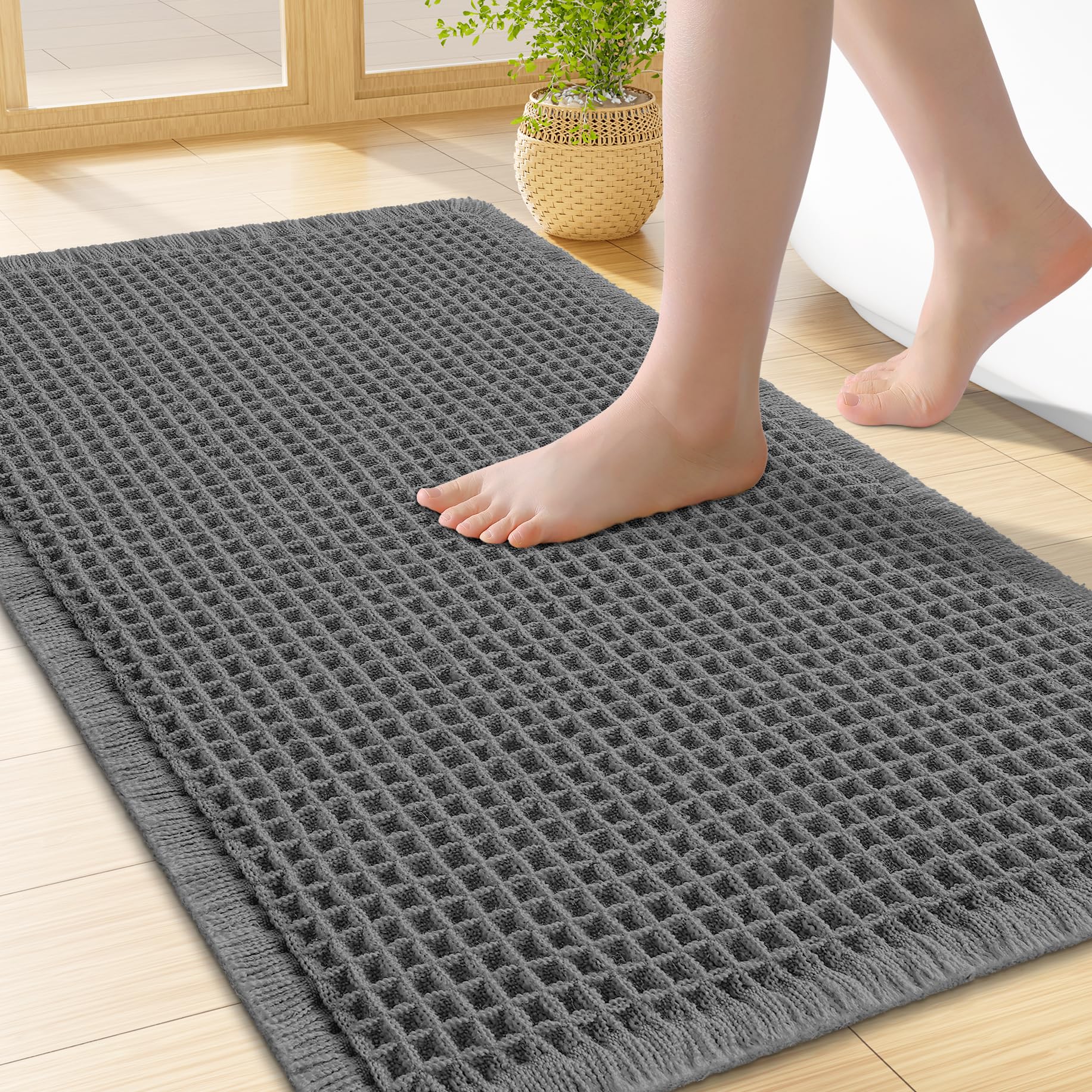 Homaxy Waffle Bath Mat Non Slip Boho Bathroom Mat - 40x60 cm, Dark Grey