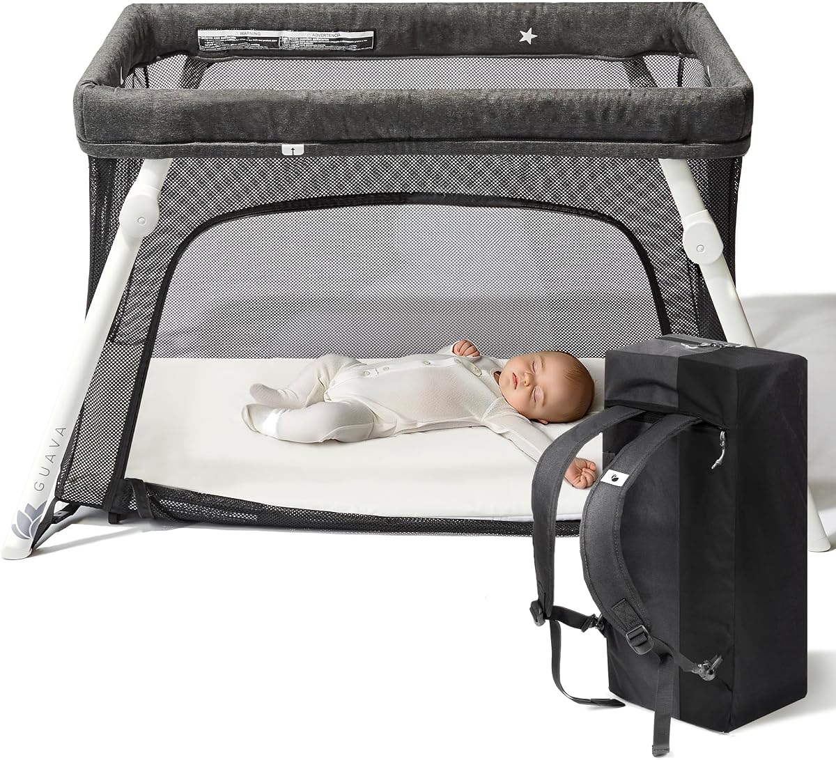 Guava Family Travel Crib Includes Lightweight Backpack Design | Certified Baby Safe Portable Crib | Folding Play Yard, Comfy Mattress for Babies, Toddlers | Compact Baby Travel Bed