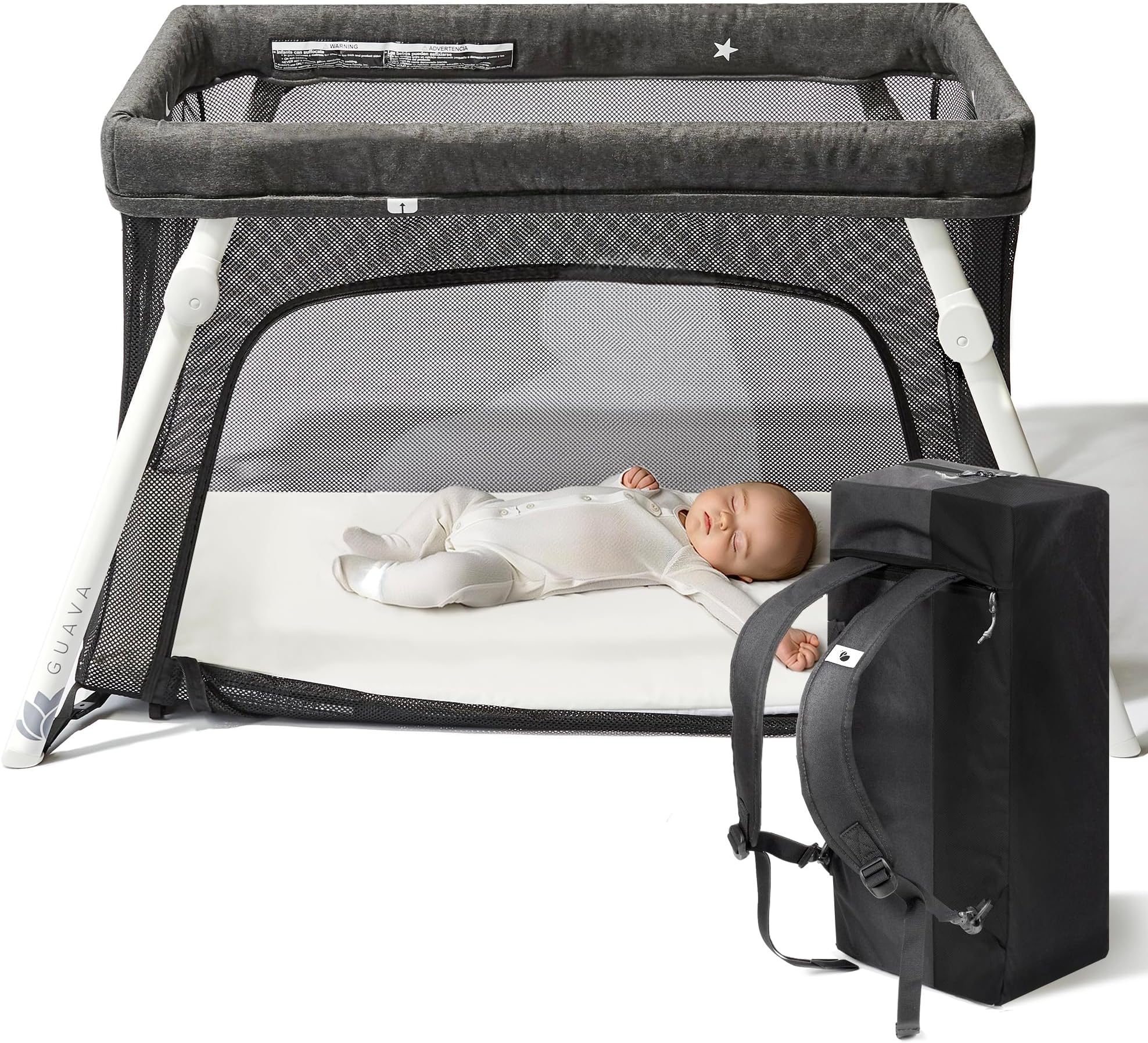 Guava Family Travel Crib Includes Lightweight Backpack Design | Certified Baby Safe Portable Crib | Folding Play Yard, Comfy Mattress for Babies, Toddlers | Compact Baby Travel Bed