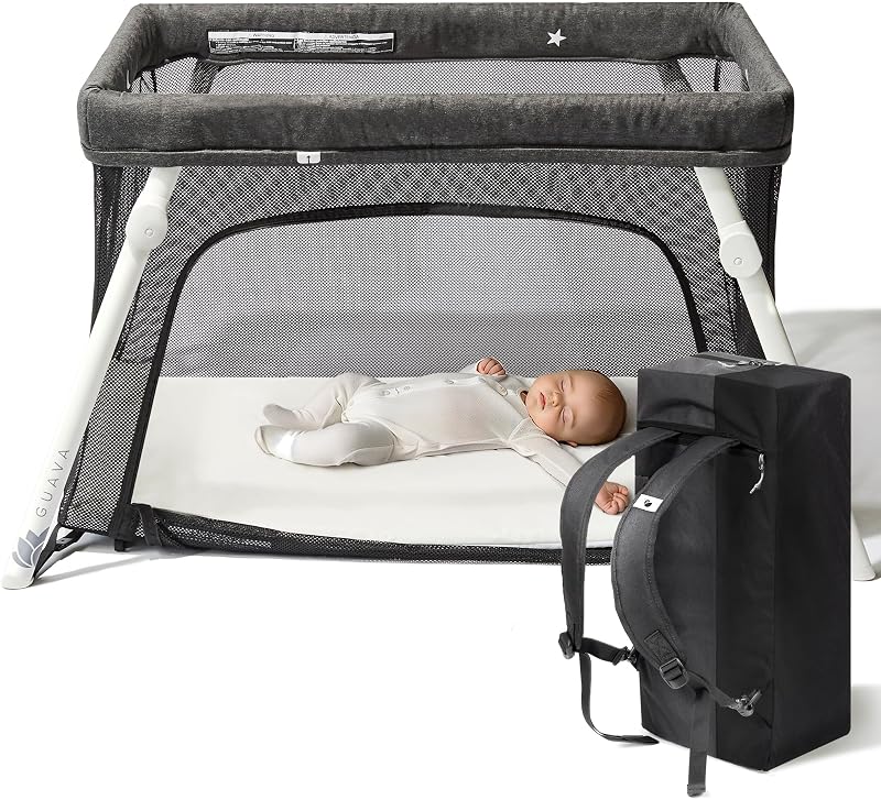 Guava Family Travel Crib Includes Lightweight Backpack Design | Certified Baby Safe Portable Crib | Folding Play Yard, Comfy Mattress for Babies, Toddlers | Compact Baby Travel Bed
