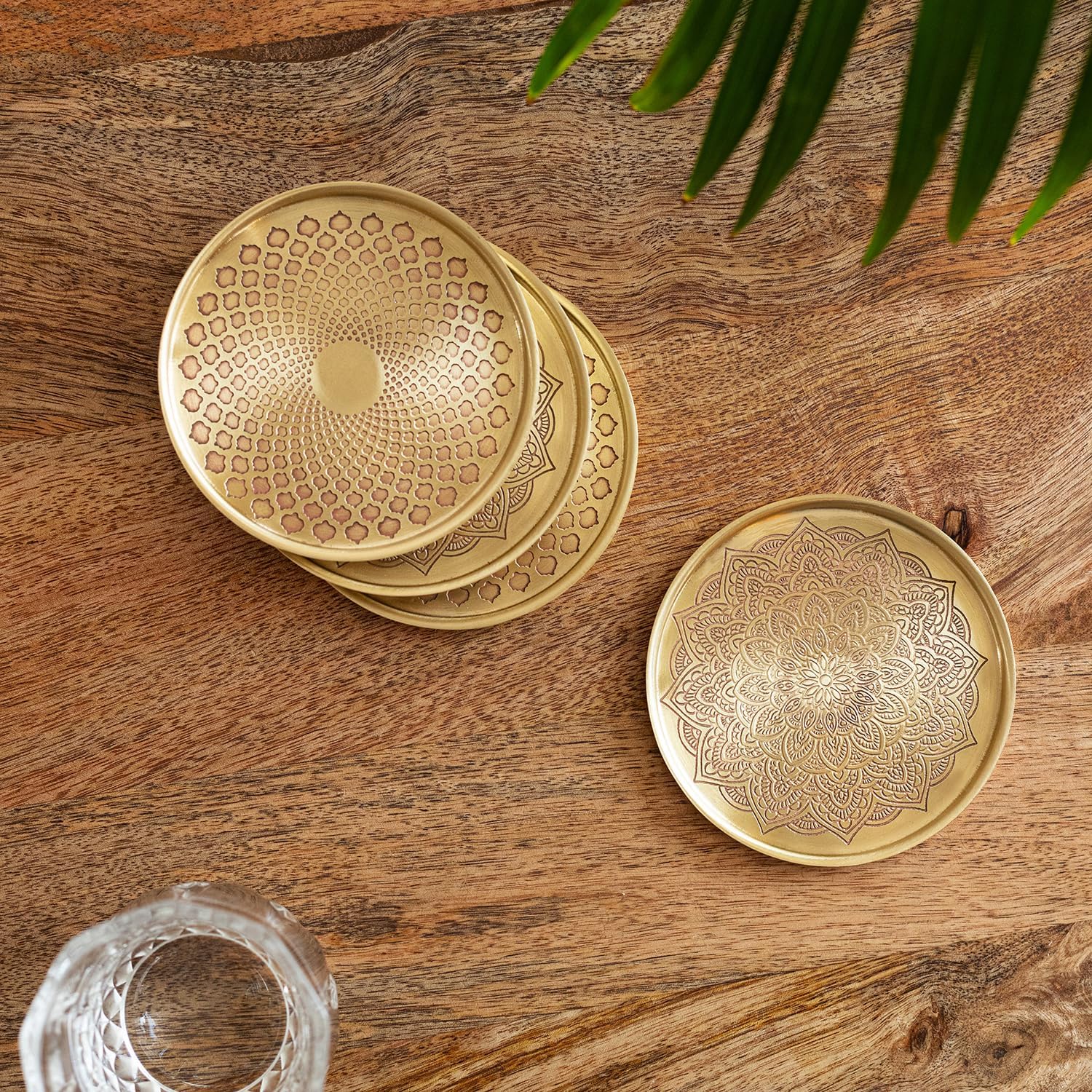 ExclusiveLane 'Mughal-Mandala' Brass Coasters for Hot Tea Cup Pots (Set of 4, 4" x 4" x 0.2, Golden), Brass Tea Coasters for Dining Table, Cup Coaster Set for Hot Utensils