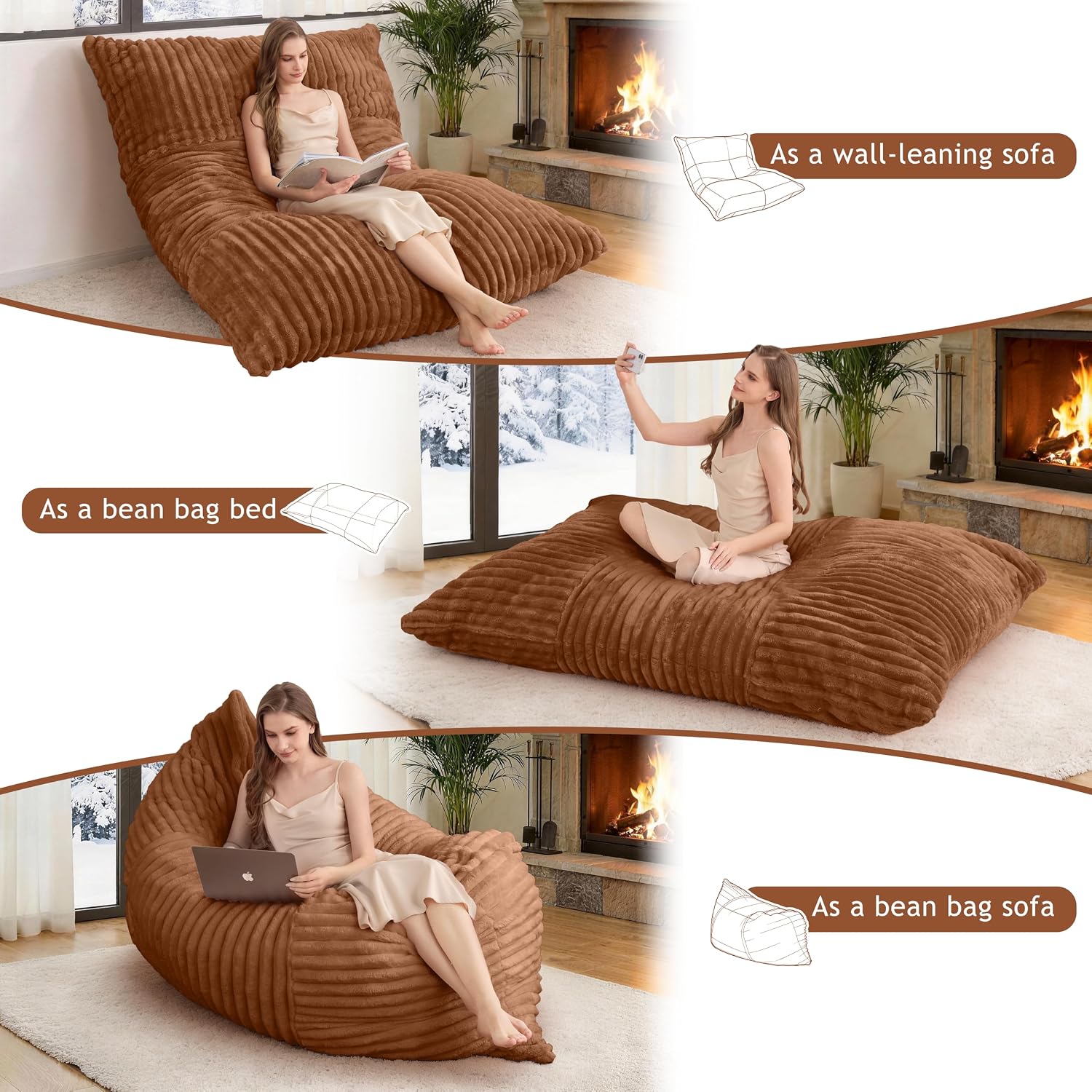 3 in 1 Bean Bag Chair with Memory Foam Filling, Beanbag for Adult 6 Colors, Machine Washable Flannel Cover, Soft Cozy for Bedroom, Living Room, Covered Outdoor Spaces Black