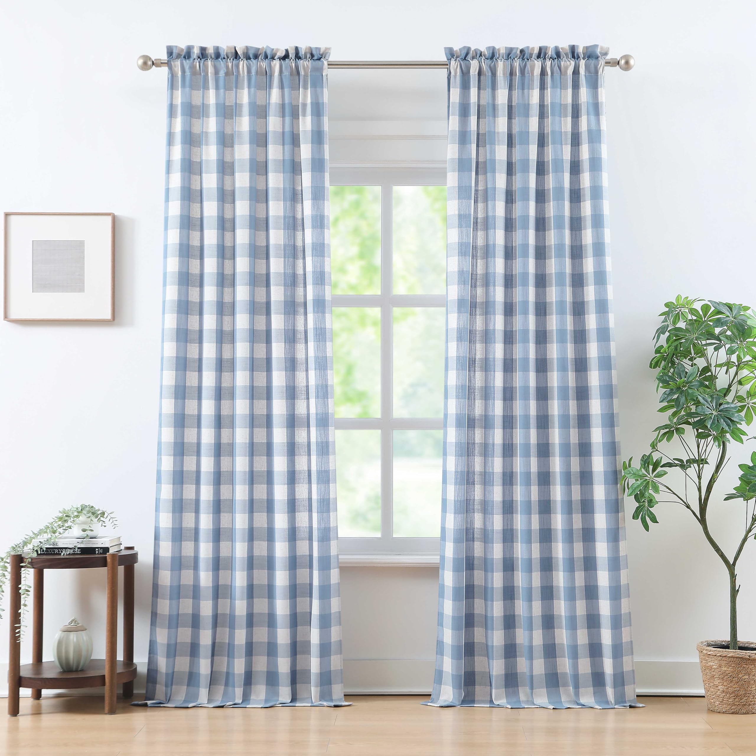 Bapawfish Beige-Dusty Blue Buffalo Check Curtains 95 Inches Length