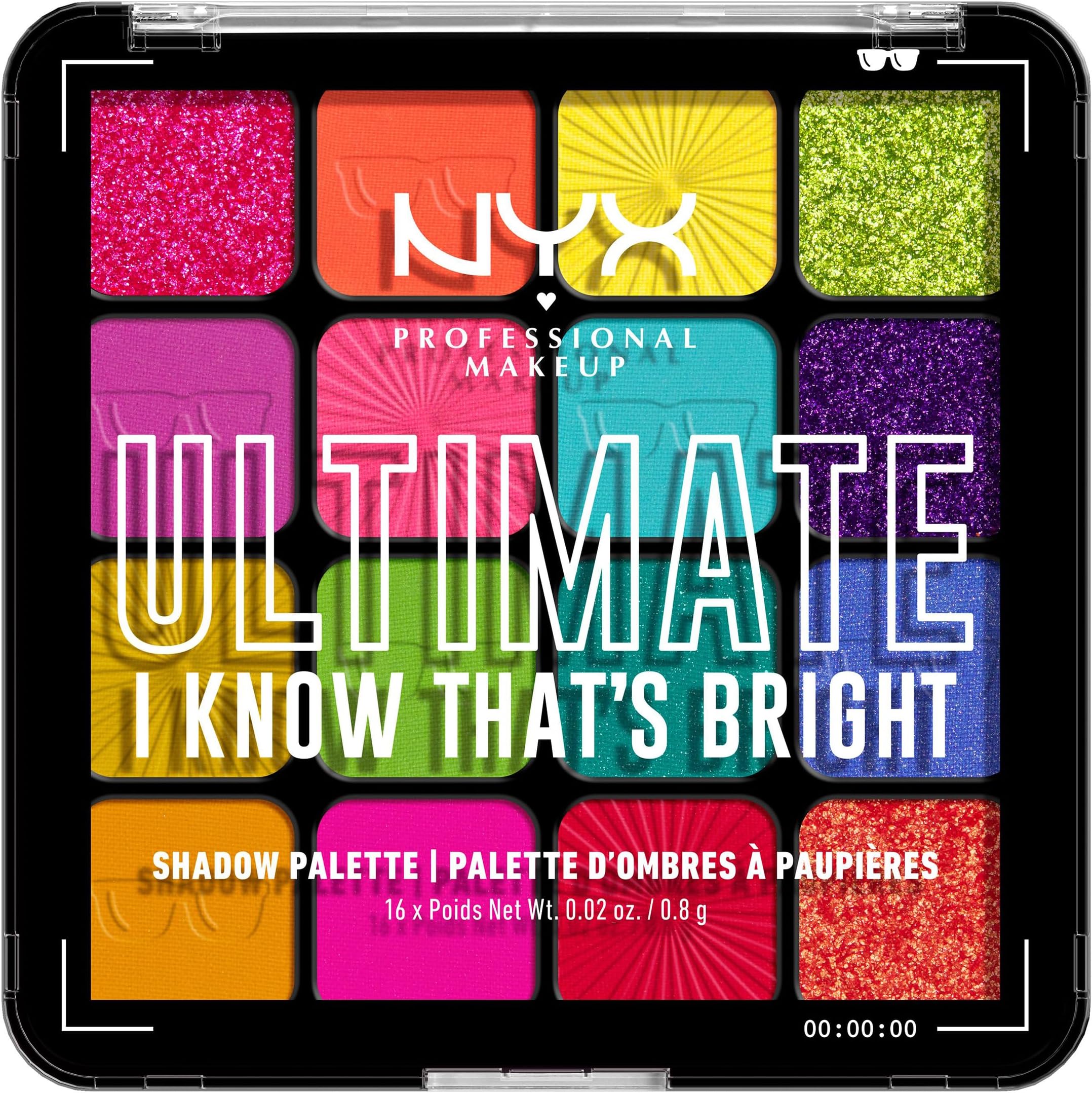 NYX Professional Makeup Ultimate Shadow Palette, 16 Vibrant True-To-Pan Eyeshadow Shades, Metallics, Shimmers, Colours and Nudes in Pressed Pigments, Vegan, I Know That's Bright, 0.8 g