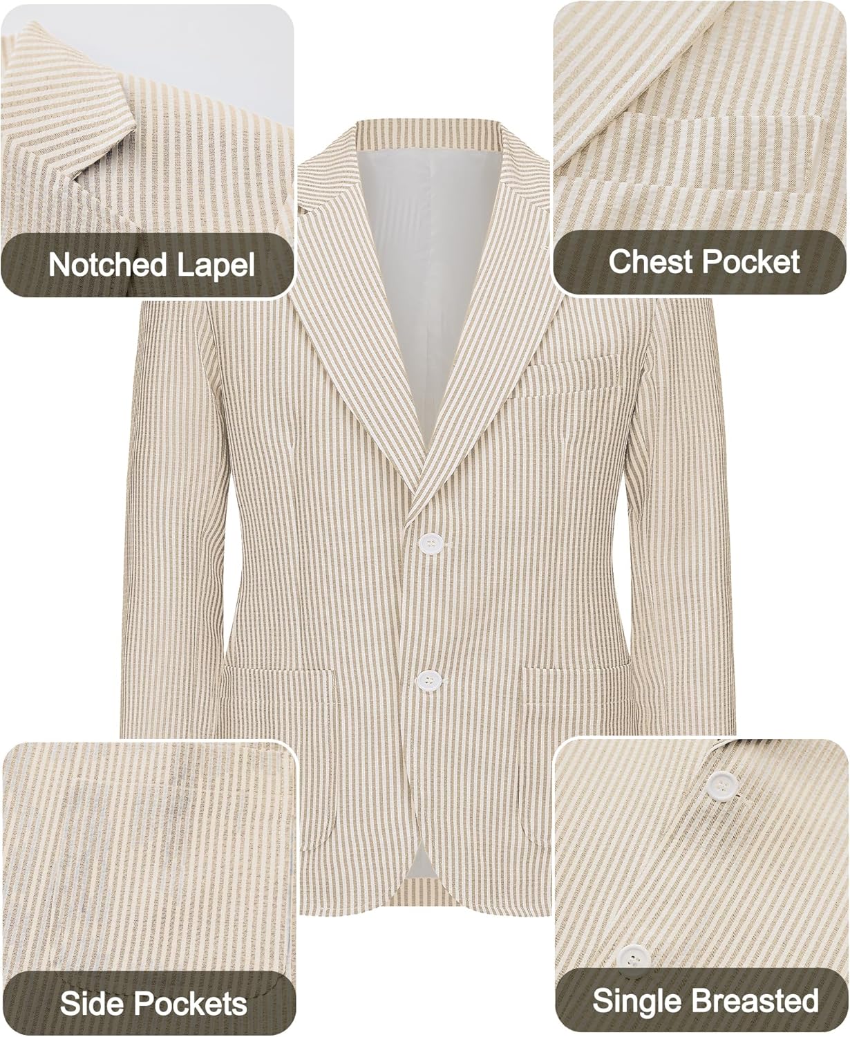 Men's Big & Tall Striped Seersucker Blazer Casual Lightweight Suit Jacket Summer Beach Wedding Daily Wear