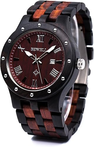 Bewell Reloj de pulsera luminoso de cuarzo analógico hecho a mano para hombre