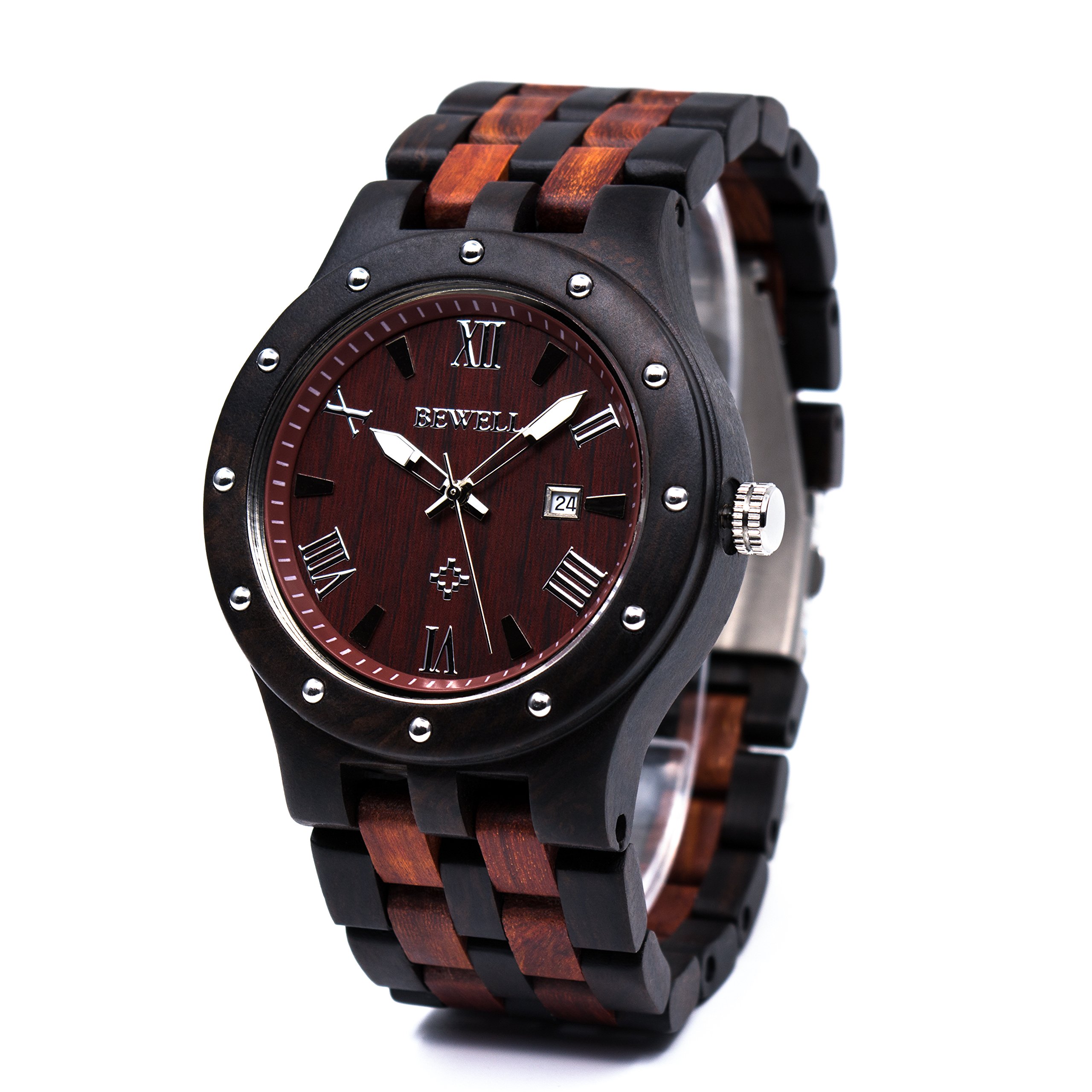 Bewell Wood Watches for Men Date Display Quartz Analog Lumious Pointers (Ebony and Red Sandalwood) (B075FLYR1J) Amazon Price History, Amazon Price Tracker