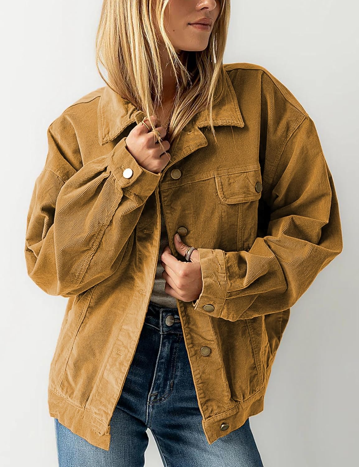 Women's Corduroy Shacket Oversized Jacket Vintage Button Down Shirt Jacket with Chest Pockets Fall Winter Layering - Image 4