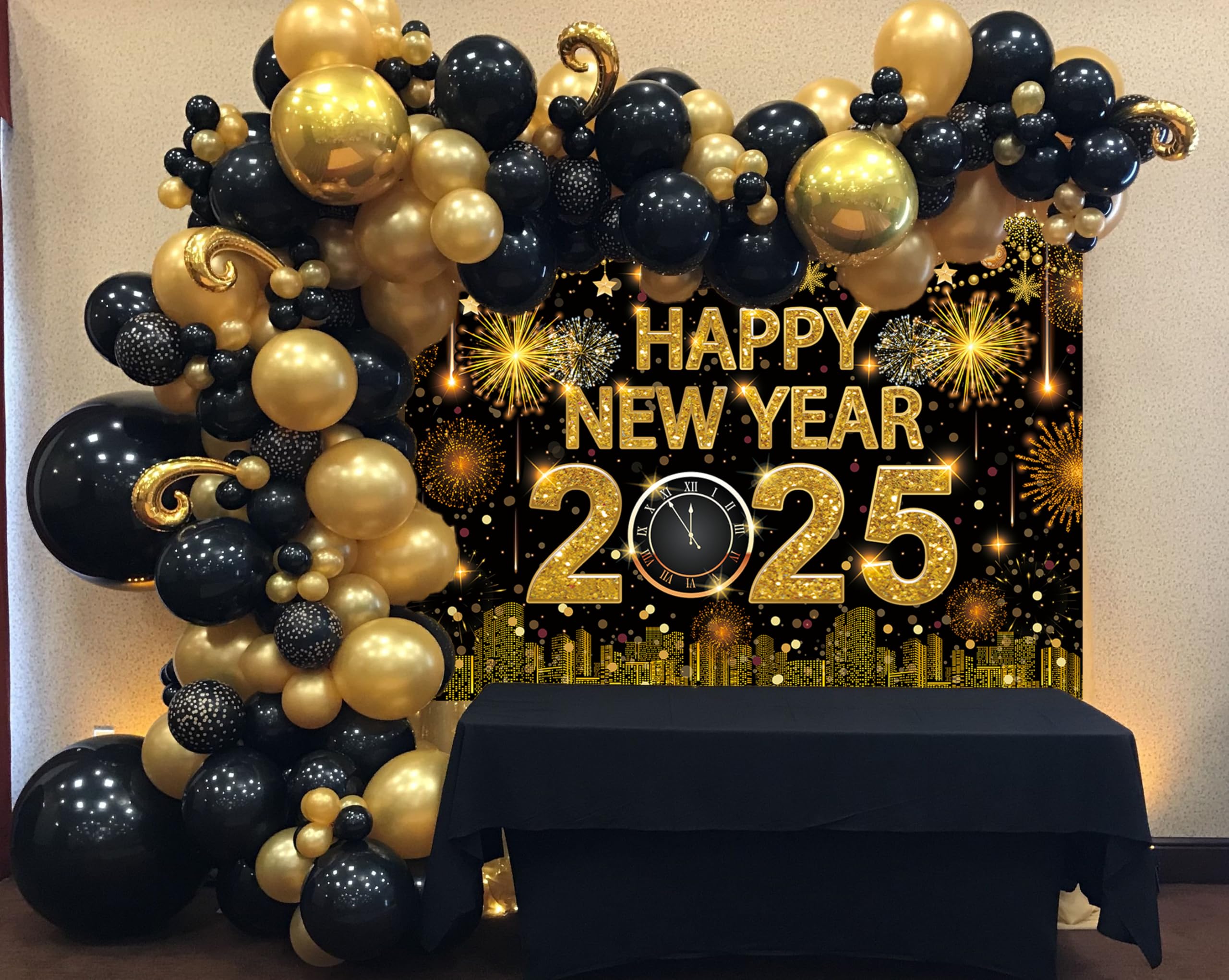 Happy New Year Banner Hintergrund 2025 – 2,4 X 1,8 M, Schwarz-gold Glitzer, Vinyl | Für Silvester-Fotos & Party-Deko