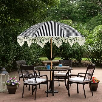 Northlight Striped Outdoor Macrame Boho Beach Market Umbrella Tilt- 6.5'