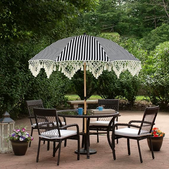 Northlight Striped Outdoor Macrame Boho Beach Market Umbrella Tilt- 6.5'
