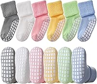 LANLEO Baby Non-Slip Grip Socks for Toddlers & Kids - 6 Pairs Thick Warm Cotton Unisex Ankle Crew Socks with Full-Foot Grips