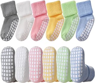LANLEO Baby Non-Slip Grip Socks for Toddlers & Kids - 6 Pairs Thick Warm Cotton Unisex Ankle Crew Socks with Full-Foot Grips