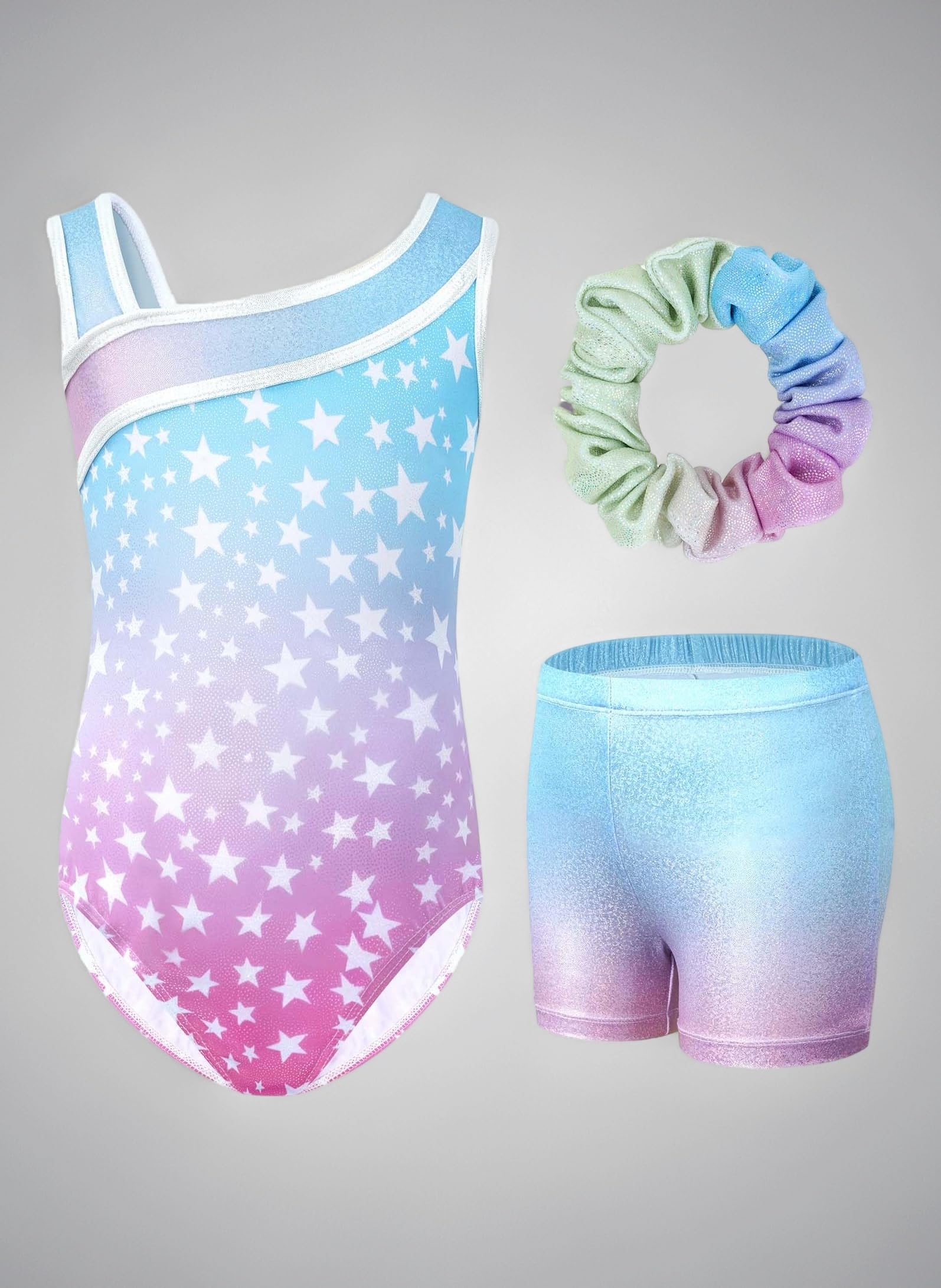 Girls' Three-Piece Gymnastics Set, Sleeveless Leotards with Shorts and Hairband, Sparkling Ballet Dancing Unitards - Gymnastics Outfit with Gradient Color Design for 3-12 Years