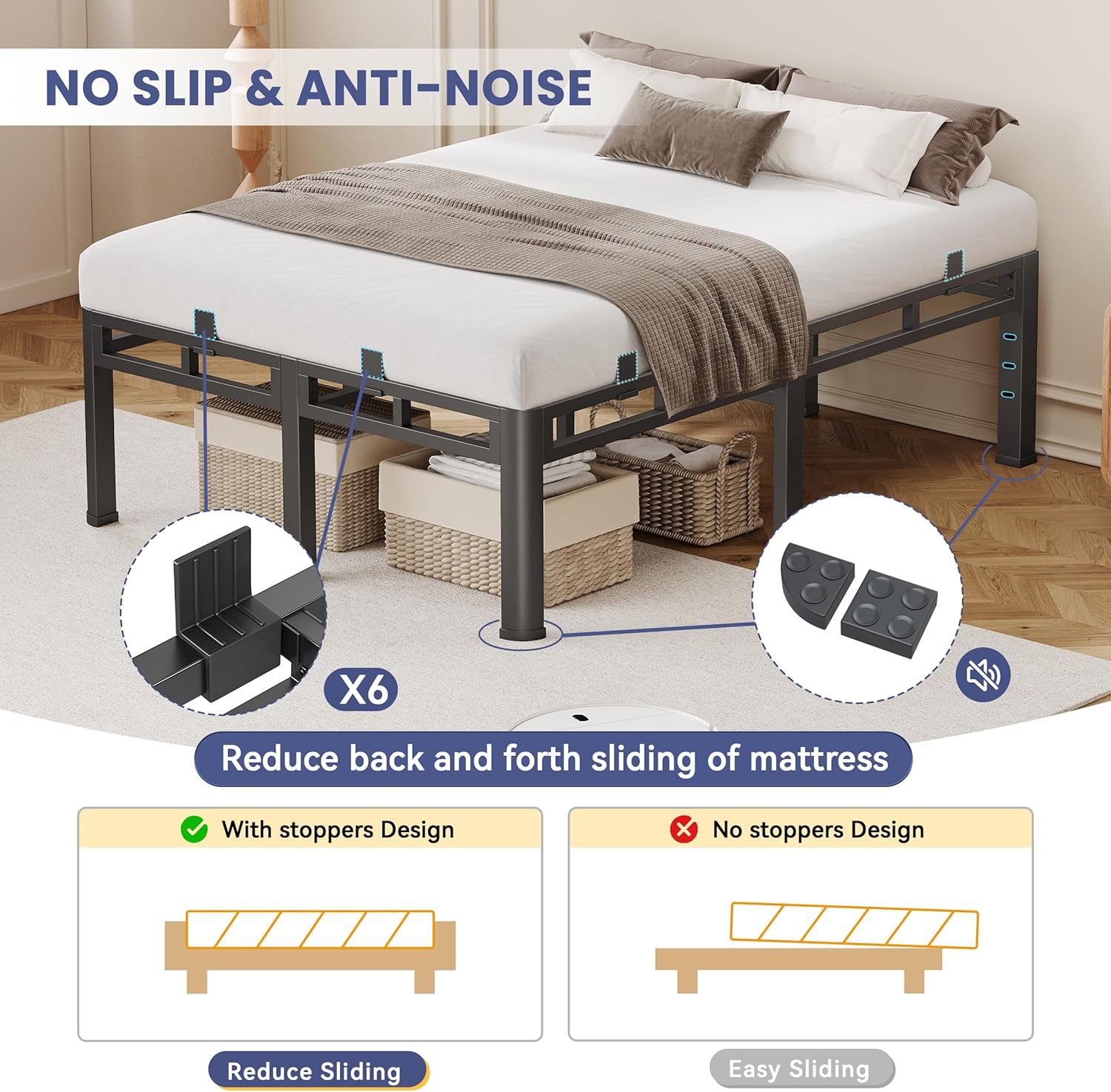 Bed Frame Queen Size 24 Inch Tall, Double Layer Heavy Duty Metal Platform 4000 lbs Capacity, Bed Frames with Headboard Holes，Round Corner Legs, Mattress Slide Stopper, Easy Assembly