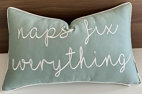EURASIA DECOR Naps Fix Everything - Funda de almohada decorativa bordada de 12 x 20 pulgadas, color verde azulado claro