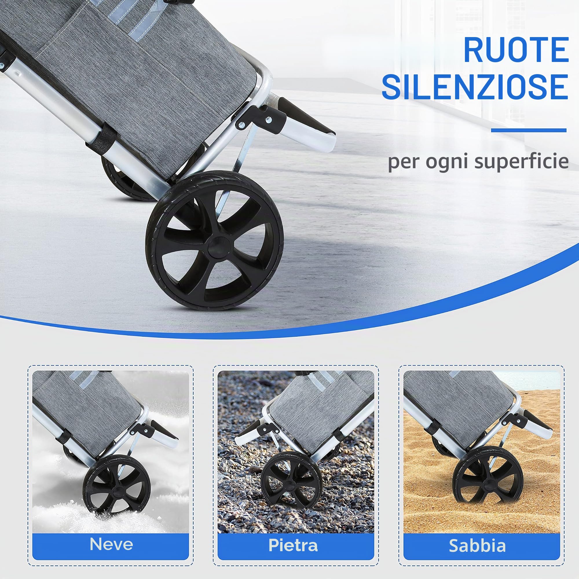 Ribelli Trolley per la spesa, telaio in alluminio, pieghevole, tasche laterali, grande tasca con cerniera e borsa per il ghiaccio, utilizzabile come borsa per il trasporto, fino a 45 kg