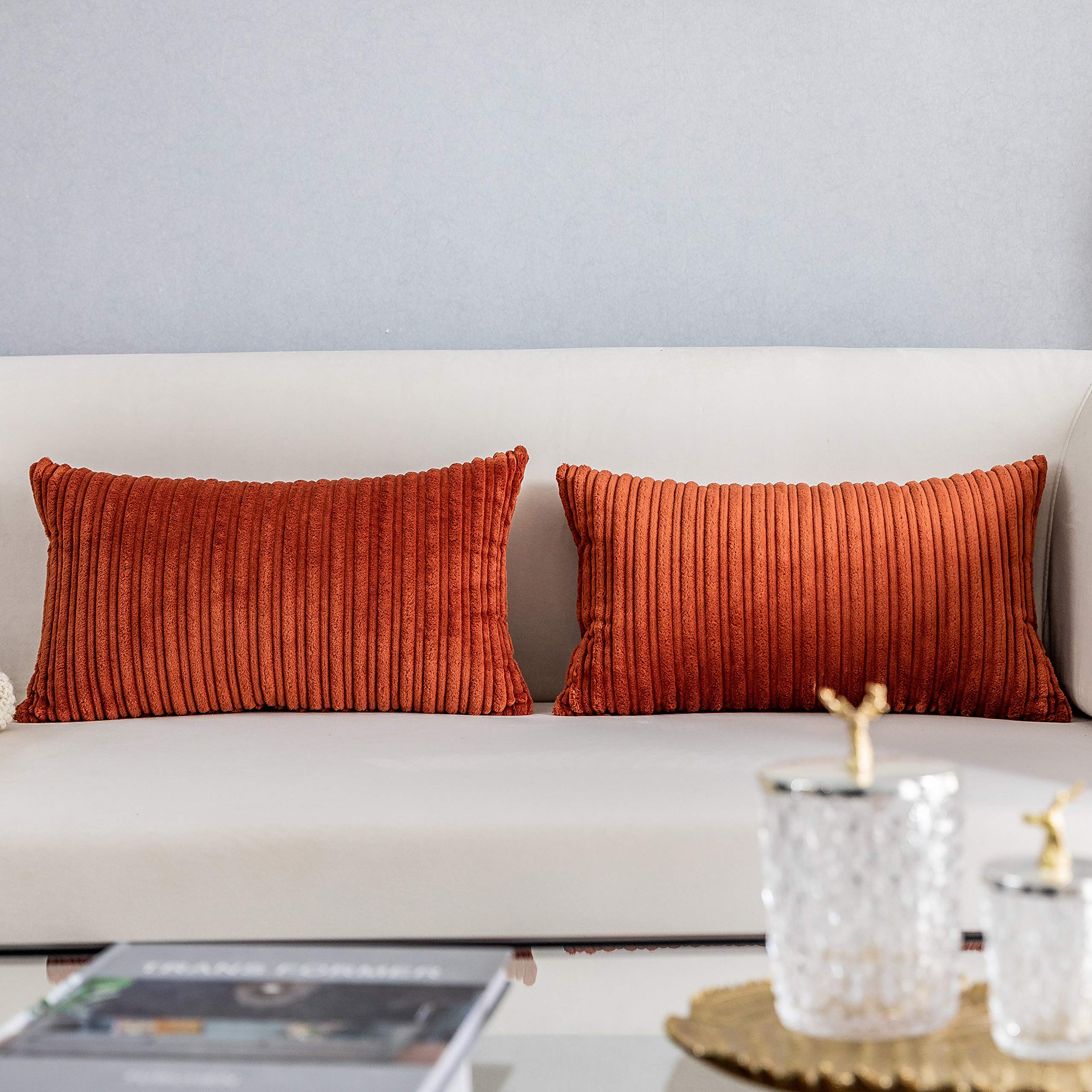 Kevin Textile Corduroy Cushion Covers 30 x 50 cm Set of 2, Soft Stripe Decorative Rectangular Lumbar Cushions Covers 12x20 Inch with Invisible Zipper for Chair Couch Sofa Bedroom, Burnt Brick — image 1
