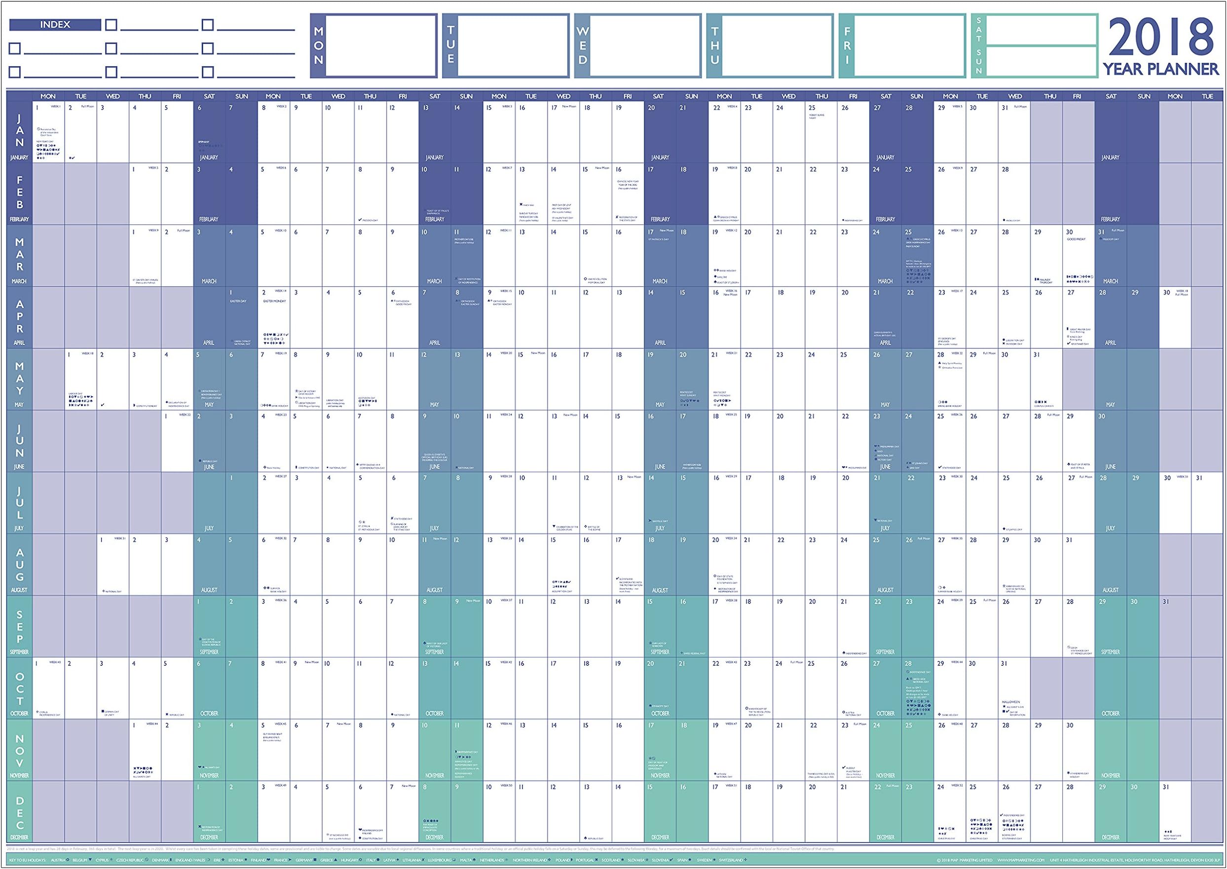 Geopacks 2018 Large Year Wall Chart & Holiday Planner (Blue)