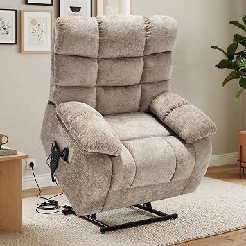 Lay Flat Recliner with Vibration Massage and Lumbar Heating, 26 Wide Recliner Chair with Infinite Position and 2 Remote Controls, Soft Chenille Lift Recliner for Living Room, Khaki