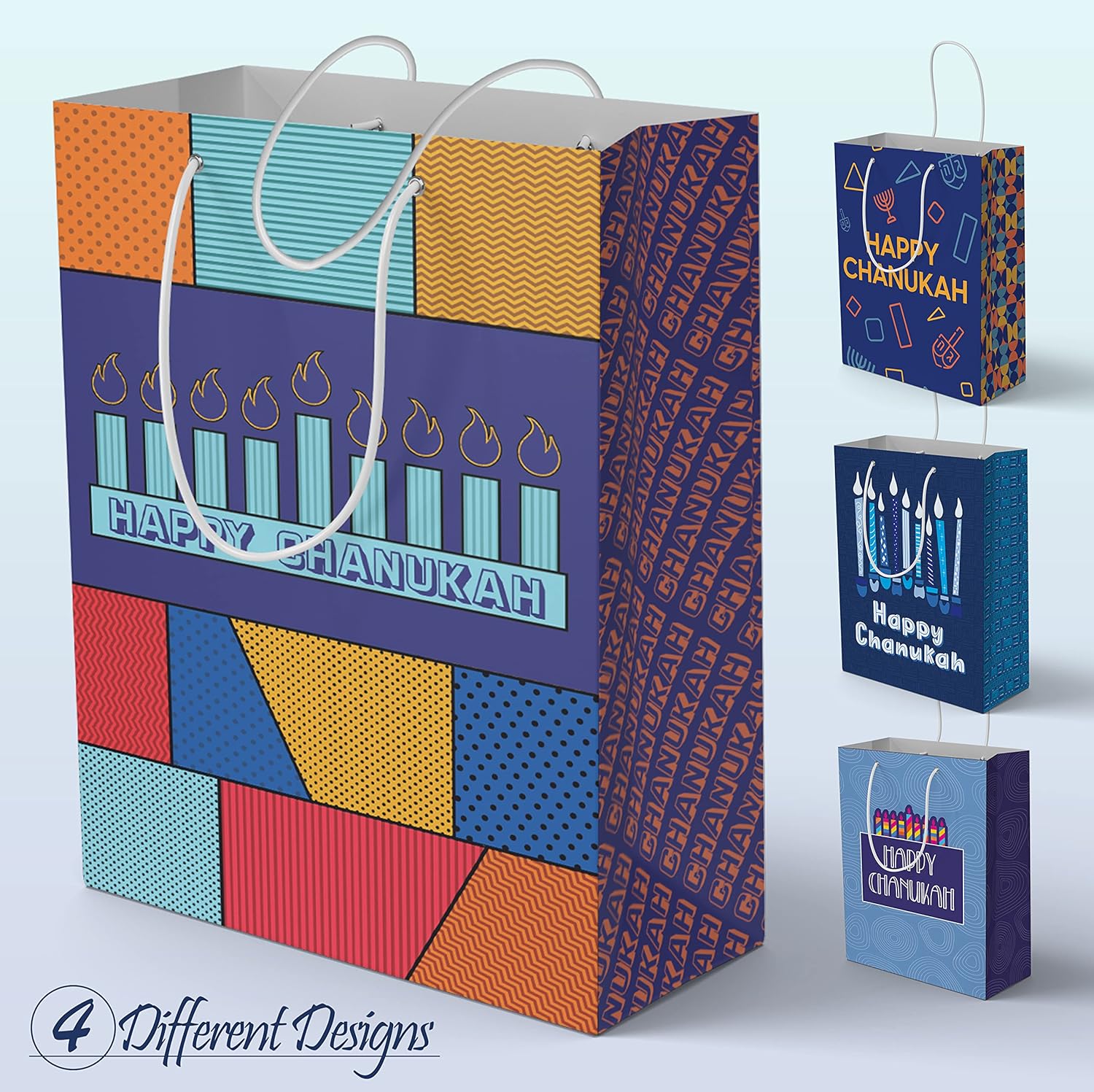 The Hanukkah Company Gift Bags - Chanukah Gift Bags, 4 Assorted Hannukah Designs - 5 x 8 Inch - Blue, Small (Pack of 4) - Image 6