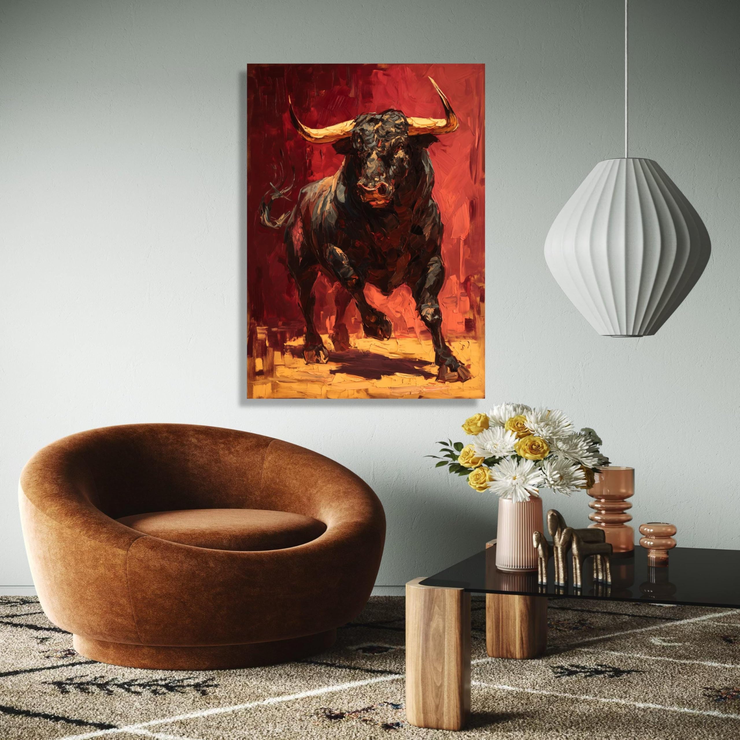 YUSUZHU Leinwandbild „Angreifender Stier“, abstraktes Tiergemälde, rot-schwarzes Kunstwerk, rustikale Wohndekoration, Poster und Drucke (80 x 120 cm/rahmenlos)