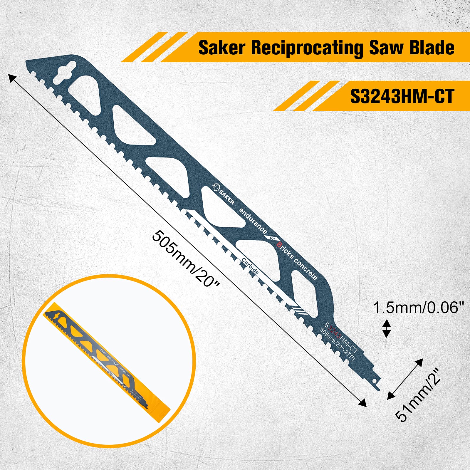 505mm Demolition Reciprocating Saw Blade for Cutting Bricks Concrete, Cement, Tree Pruning, Tree Roots, Carbide Teeth Blades