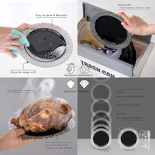 Miniatura 6 de Platos y cubiertos de plástico negro y plateado  Juego de vajilla de plástico desechable de alta calidad  Platos de cena reutilizables, tenedores,