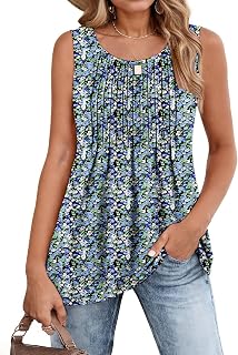 Zeagoo Women's Summer Tank Tops 2026 Pleated Crew Neck Floral Solid Loose Fit Casual Sleeveless Flowy Boho Tunic Shirts