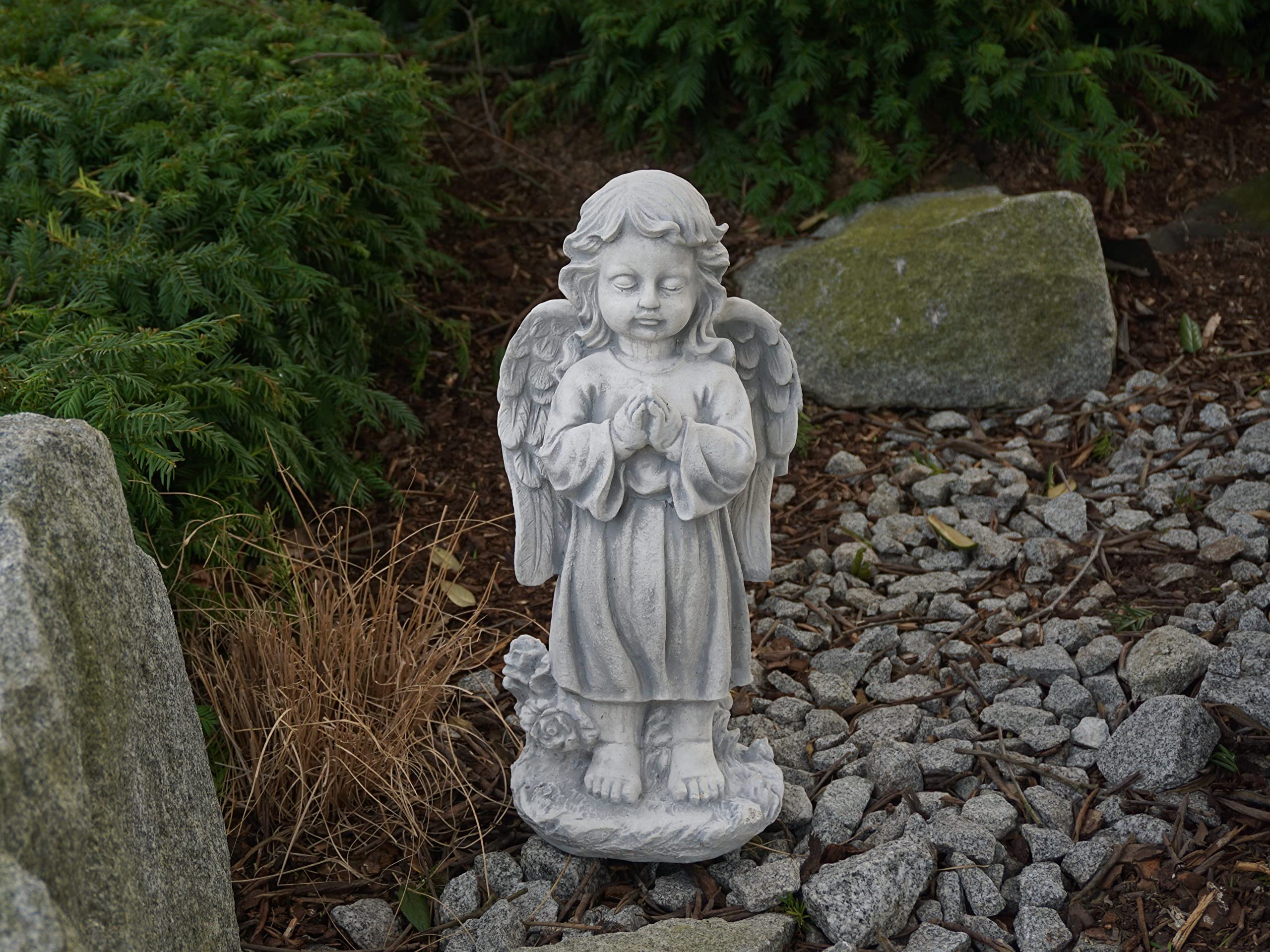 gartendekoparadies.de Engel stehend, Steinfigur H. 42 cm, 7 kg, Grau, frostsicher aus Steinguss für Außenbereich
