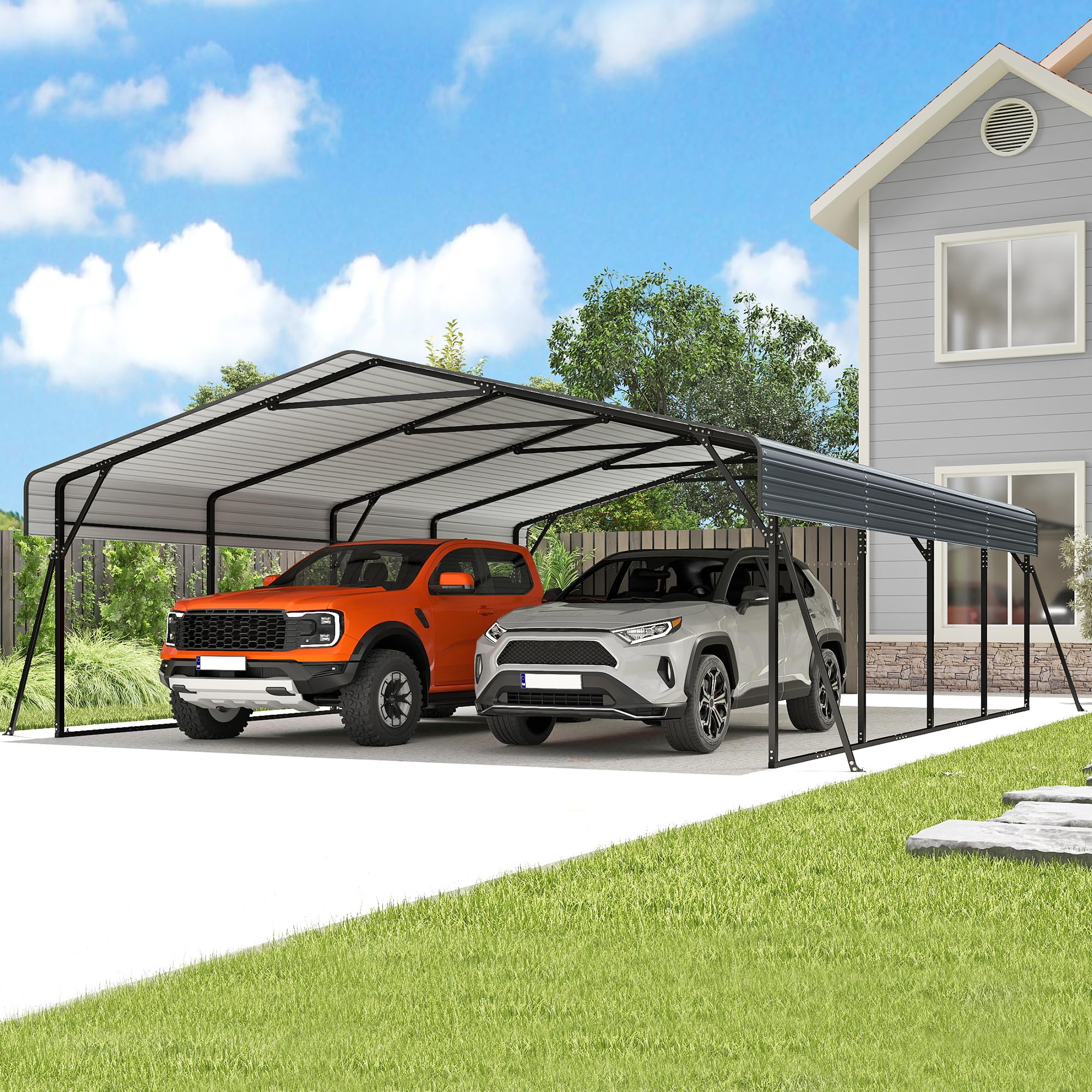 Heavy Duty Metal Carport, 20x20FT Carport Canopy with Galvanized Steel Roof and Reinforced Frame, 4 Support Rods, Outdoor Garage Car Shelter Shade for 2 Cars, Boats and Truck, Party, Gray