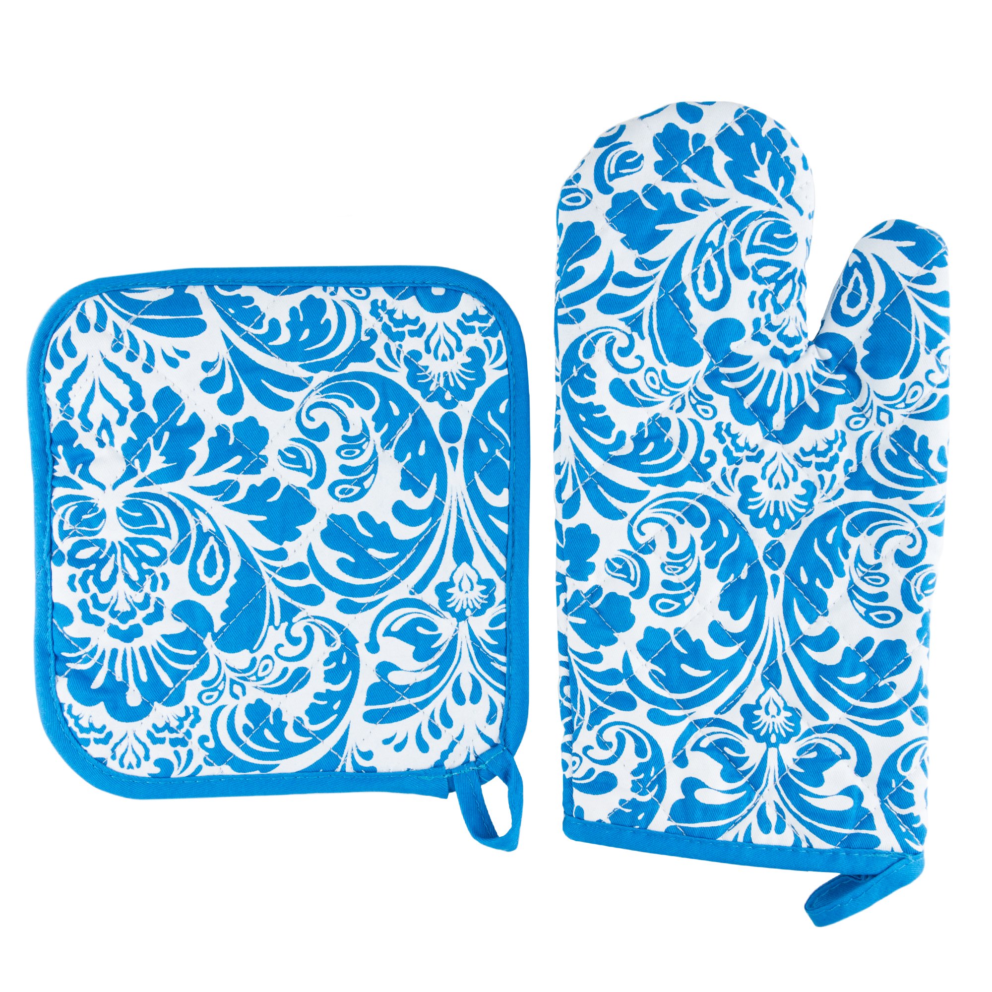 Lavish Home - Juego de manoplas para horno y soporte para ollas, acolchado y resistente al calor (azul)