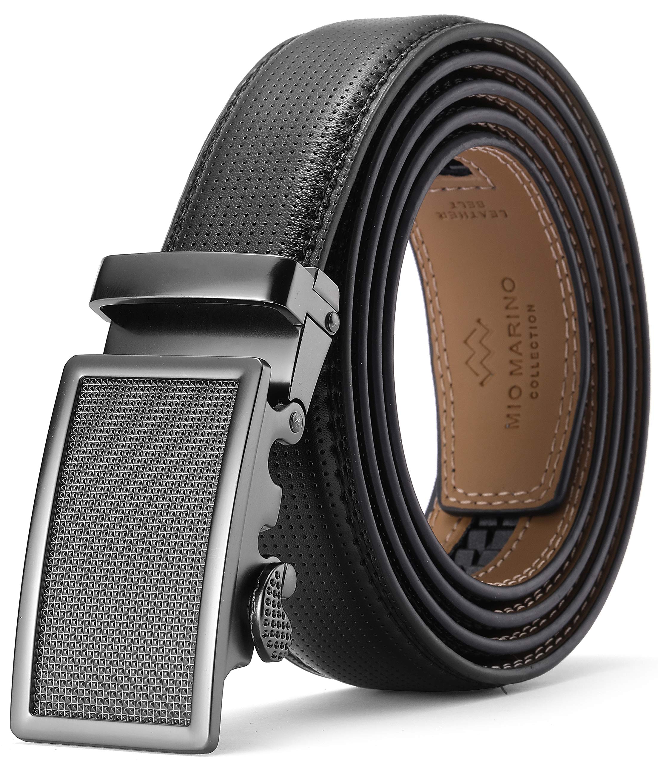 Marino Avenue Men’s Genuine Leather Ratchet Dress Belt With Automatic Buckle, Enclosed in an Elegant Gift Box - Punched Leather - Deep Charcoal - Adjustable from 28" to 44" Waist