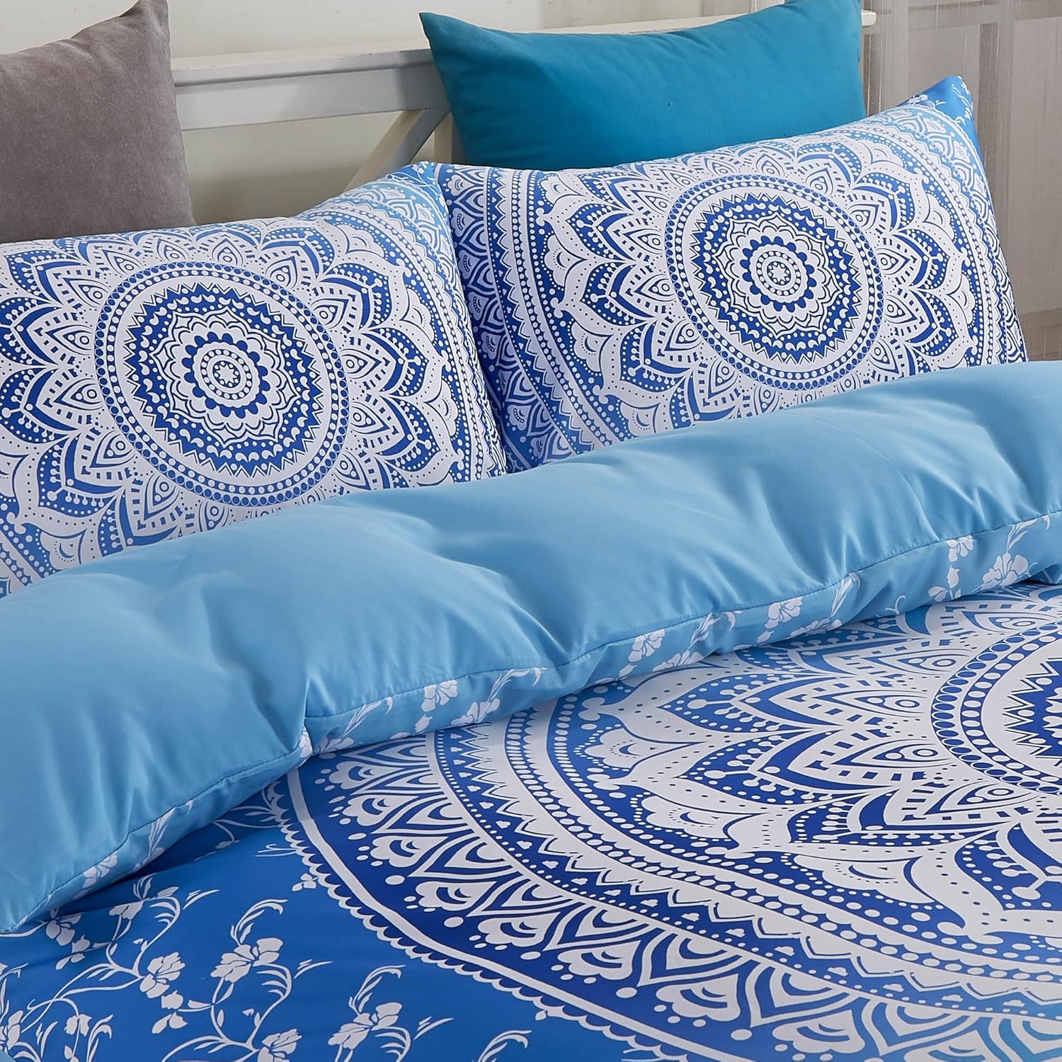 Luxton Blue Mandala Quilt Cover Set, King Single 2pcs Bohemian Floral Quilt Cover Set (King