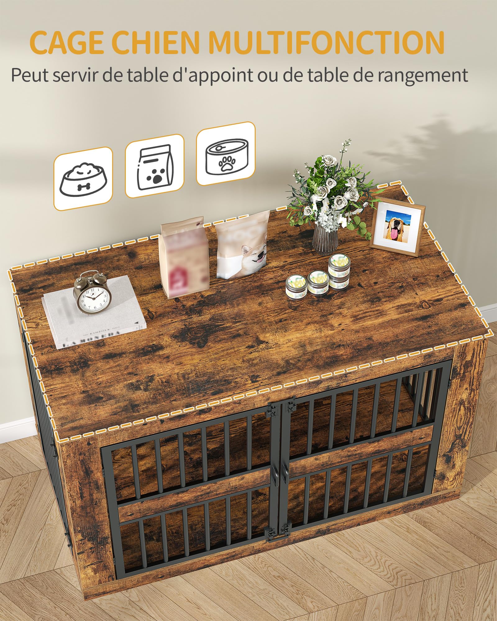 Hzuaneri Cage pour Chien, 120 cm Niche d'Intérieur en Bois Design Moderne 4 Portes, XXL Table d'Appoint Salon pour Chien Moyens et Grands, 120 x 75,5 x 87 cm, Marron Rustique 9220101B