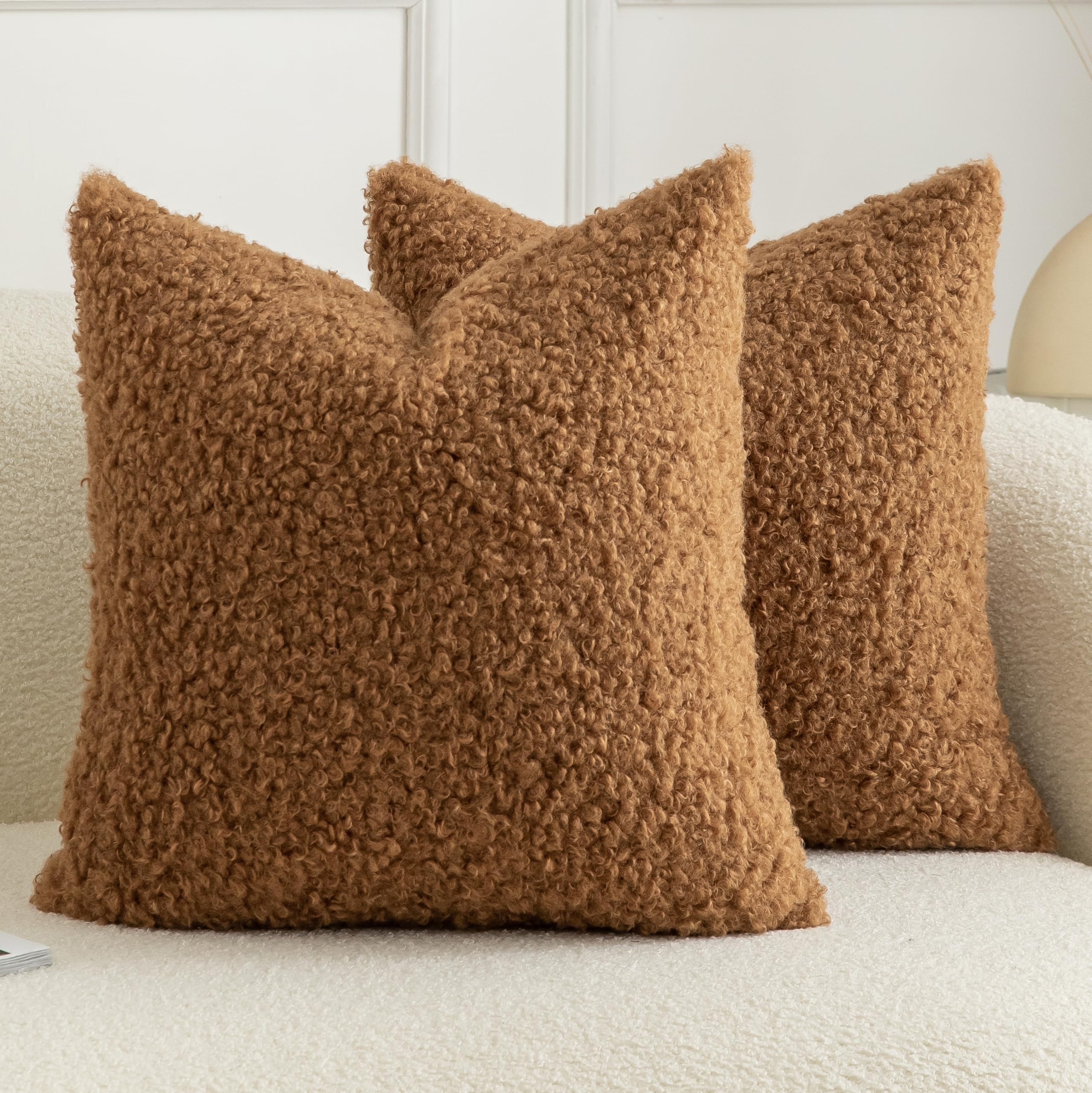 Joyouth Pack of 2 Curly Teddy Wool Faux Fur Cushion Cover Fuzzy Accent Soft Sherpa Pillowcases Sheepskin Fleece Decorative Cushion Case for Sofa Couch Living Room 16x16 Inch Bronze